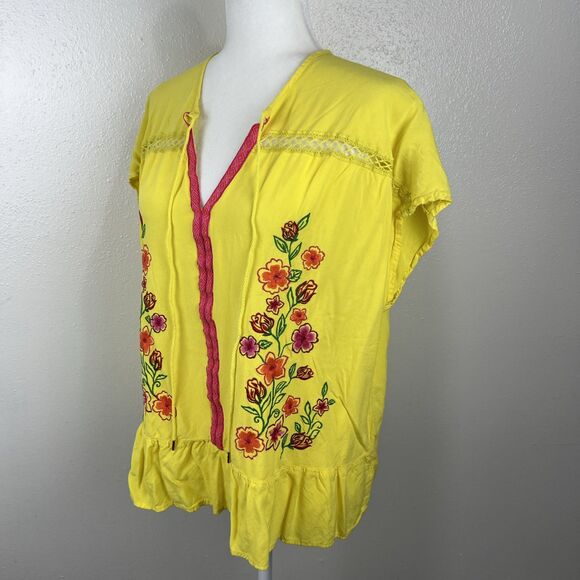 The Pioneer Woman Blouse Women Extra Large Yellow Pink Floral Embroider Boho Top - Picture 2 of 13